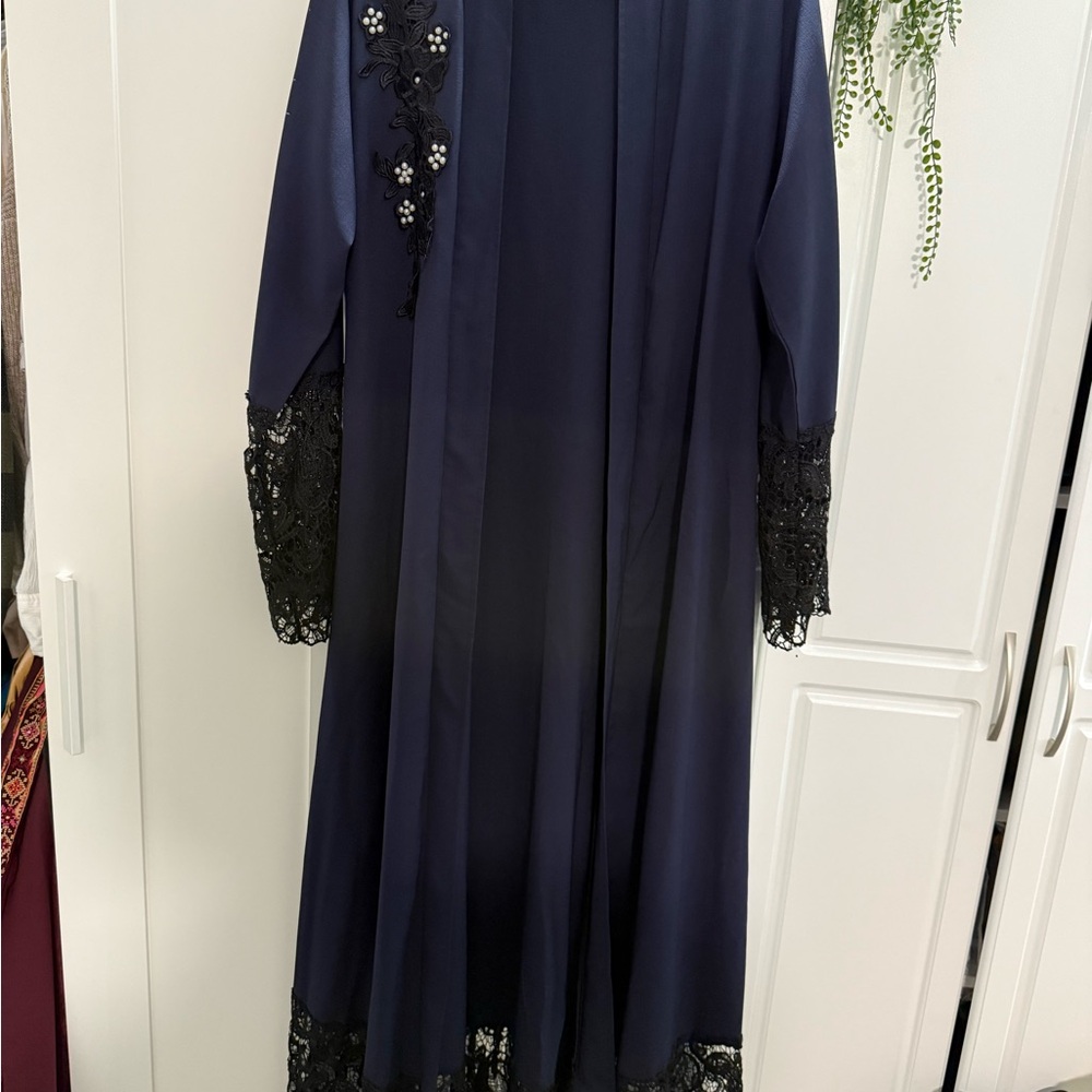 Elegant Navy Blue Long Kimono/Abaya with Lace Details